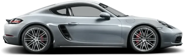 Side profile of a silver Porsche 718 Cayman sports car with high-performance red brake calipers.