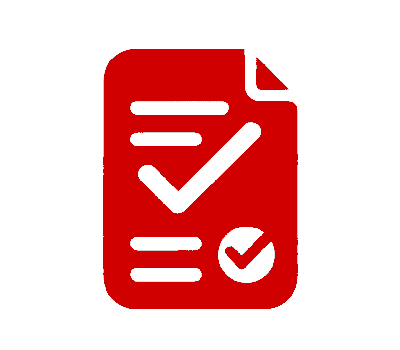Red icon of a checklist on a document, representing task completion or verification.